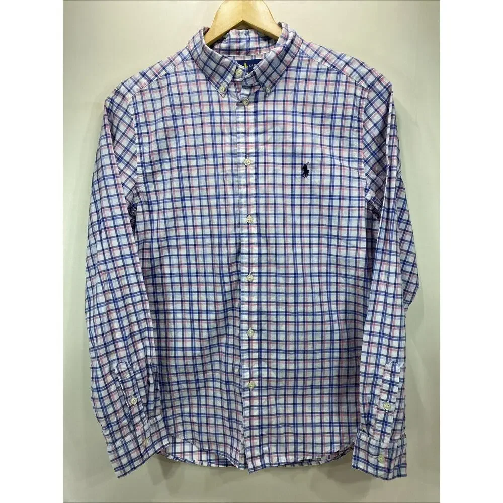 Ralph Lauren Polo Blue Pink Plaid Long Sleeve Button Up Shirt Boys Size 18-20 XL